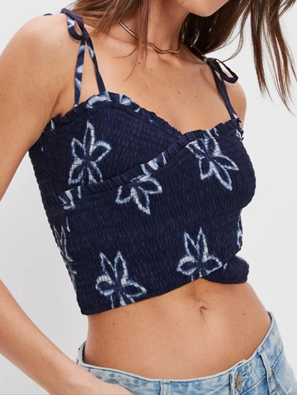 American Eagle Smocked Crossover Crop Top Cami Navy Blue XL